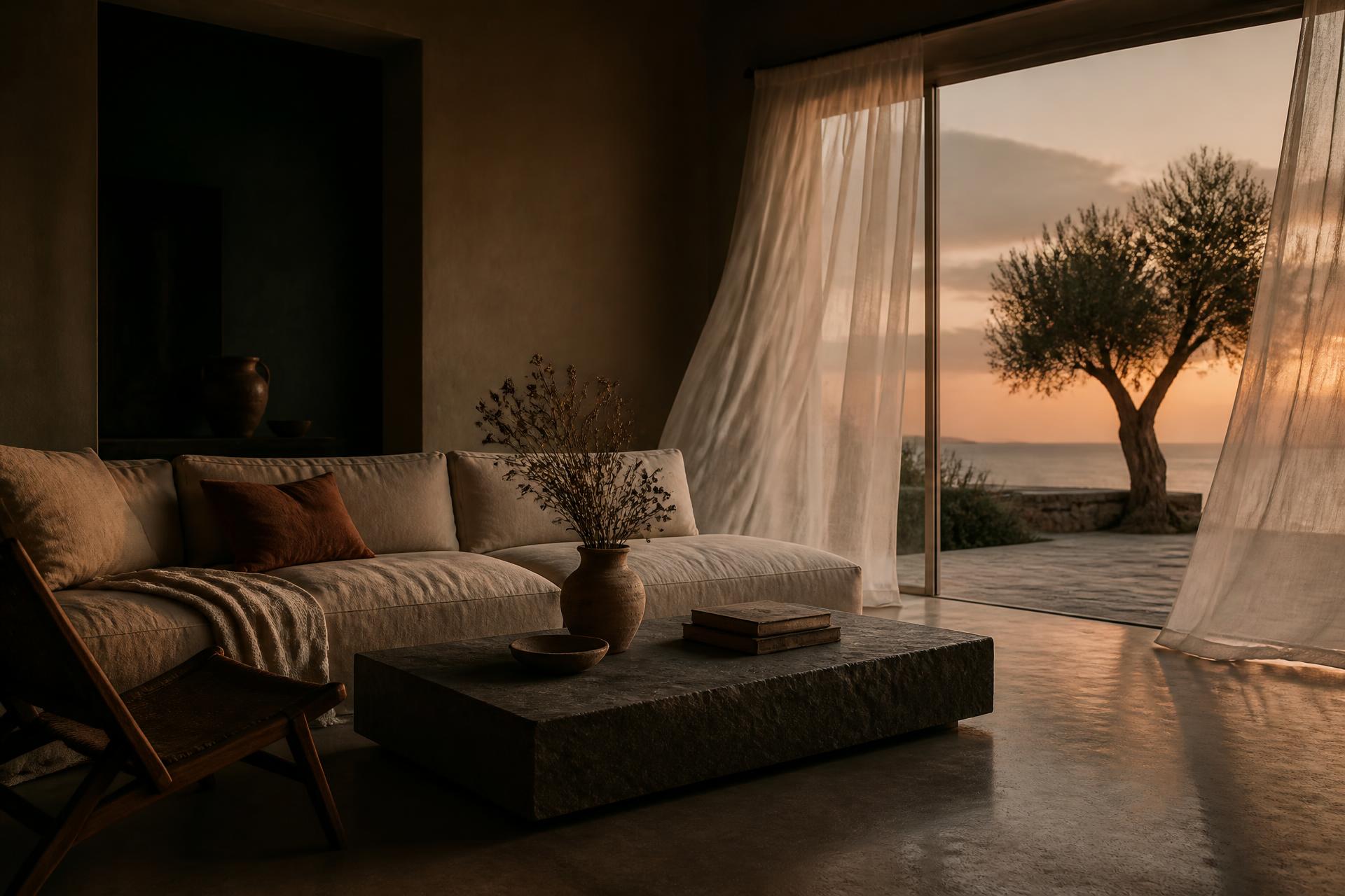 Mediterranean villa terrace at dusk: sheer linen curtain, olive tree, sea horizon and stone floor seen from a moody living room